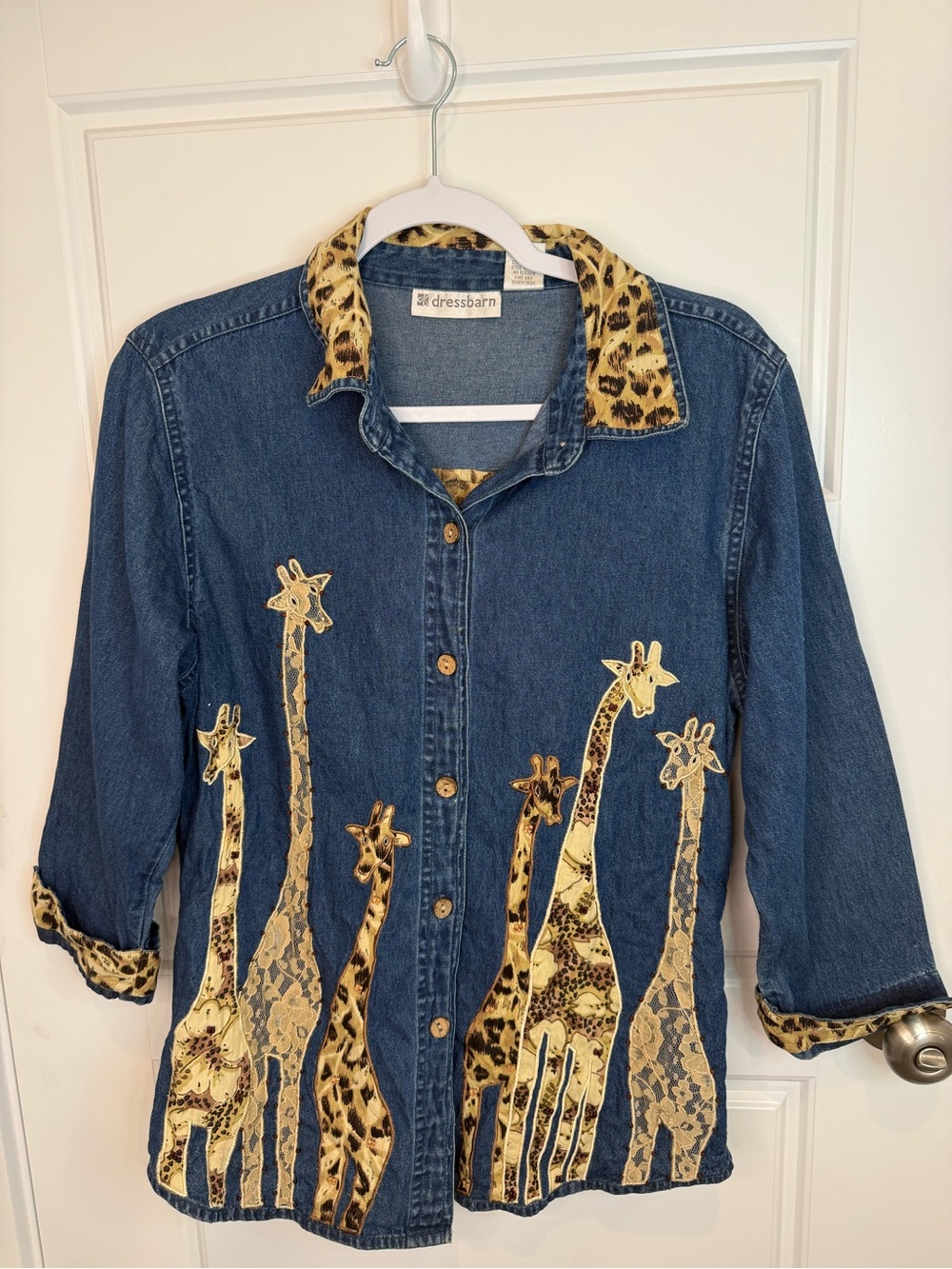 Dressbarn VTG Denim Blouse Top Giraffe Appliques Shirt Beaded Embroidered Med